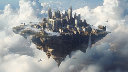 Floating city, above clouds, aerial view, fantasy architecture