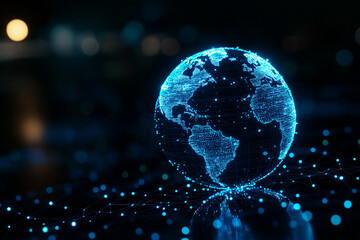 digital Earth hologram with blue neon lights, showcasing global network. globe is surrounded by glowing dots, representing connectivity and technology