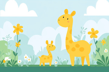 Obraz premium Cute giraffes in colorful landscape with flowers and greenery
