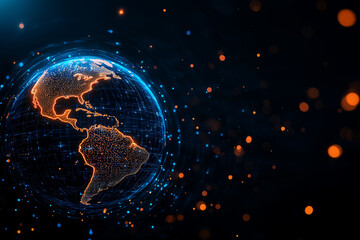 digital Earth hologram with glowing blue and orange elements, showcasing network of connections across continents. This futuristic representation highlights global connectivity and technology