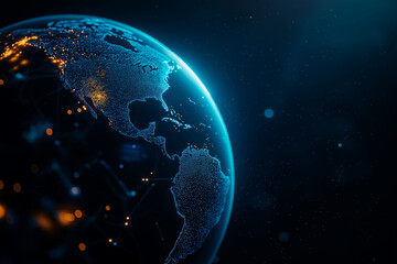 digital Earth hologram with glowing connections and dark background, showcasing Americas and intricate details of planet surface