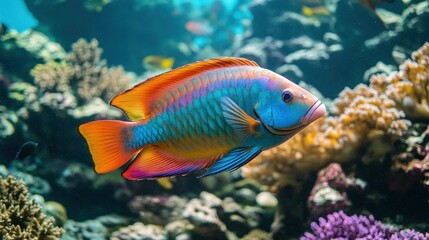 Fototapeta premium A colorful parrotfish grazing on coral in a shallow reef, with a pristine marine ecosystem in the background.