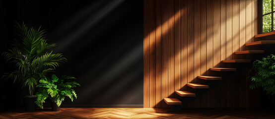 Naklejka premium Modern interior design with wooden stairs and plants, featuring warm sunlight streaming through window, creating serene atmosphere