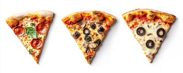 Assortment of pizza slices, fast food concept, on white background