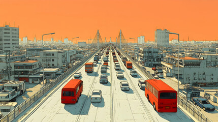 Busy highway through cityscape at sunset