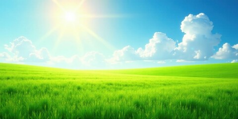 Obraz premium Serene Sunny Day in a Verdant Rolling Meadow with Fluffy White Clouds and Bright Sunlight