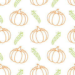Vegan vibe pattern with healthy vegetables pumpkin and green peas, outlines of healthy vegetables on white background.
