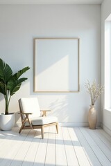 Serene Minimalist Interior Design Featuring a Comfortable Armchair, a Large Blank Canvas, and Natural Decor Elements in a Bright Room
