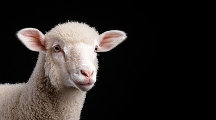 Obraz premium White lamb portrait, black background, farm animal