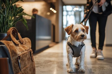 A traveler checks into a pet-friendly hotel with their small dog, The pup sniffs around the new space curiously, Generative AI