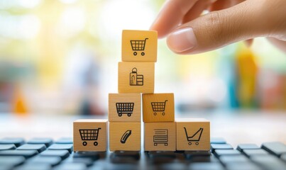 Wooden blocks with business icons stacked on top of each other, a hand adding the last one, the background blurred to emphasize the wooden blocks and icons.