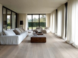 Wooden floor in a modern living room with white curtains and large windows.