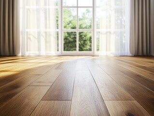 Wooden floor in a modern living room with white curtains and large windows.