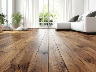 Wooden floor in a modern living room with white curtains and large windows.