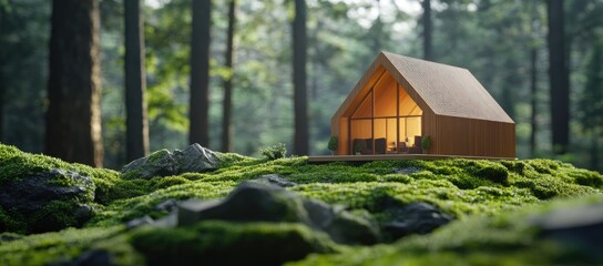 Wooden house model on green moss in a forest with a blurred background of a natural landscape. This concept represents eco-friendly living and home energy efficiency.