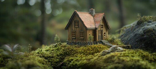 Wooden house model on green moss in a forest with a blurred background of a natural landscape. This concept represents eco-friendly living and home energy efficiency.