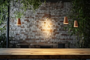 Wooden table in the blurred background of an interior modern cafe with a brick wall and hanging lamps.
