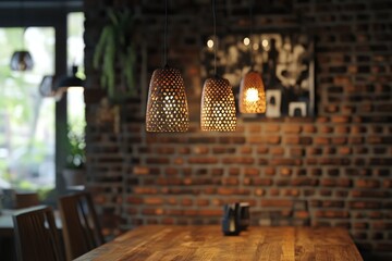 Wooden table in the blurred background of an interior modern cafe with a brick wall and hanging lamps.