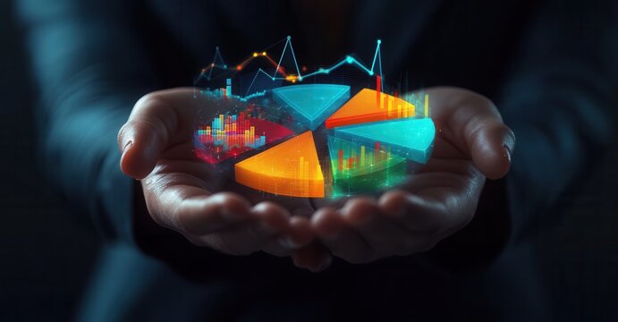 Hands presenting a holographic pie chart and graph overlay, representing data analysis and business intelligence concepts.