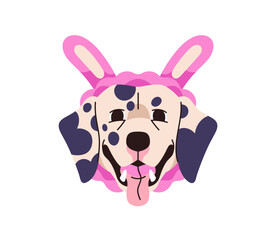 Avatar of happy dalmatian in carnival suit of rabbit show tongue. Portrait of spotted dog in Halloween costume of bunny. Cute puppy, friendly pup. Flat isolated vector illustration on white background