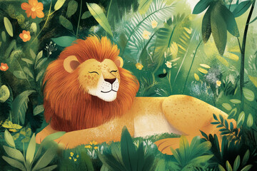 Naklejka premium relaxed lion resting in lush green jungle