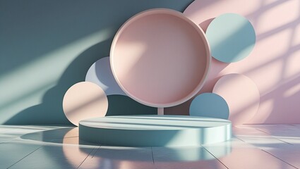 A circular podium with aesthetic shapes in soft pastel matte color, Monochromatic theme, set against an abstract background with pastel colors. Subtle reflections on floor, trendy image