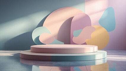 A circular podium with aesthetic shapes in soft pastel matte color, Monochromatic theme, set against an abstract background with pastel colors. Subtle reflections on floor, trendy image