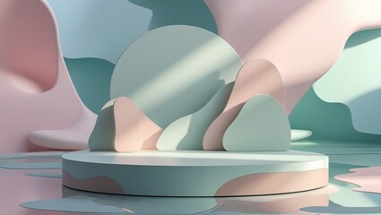 A circular podium with aesthetic shapes in soft pastel matte color, Monochromatic theme, set against an abstract background with pastel colors. Subtle reflections on floor, trendy image