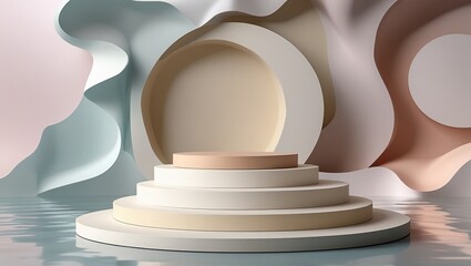 A circular podium with aesthetic shapes in soft pastel matte color, Monochromatic theme, set against an abstract background with pastel colors. Subtle reflections on floor, trendy image