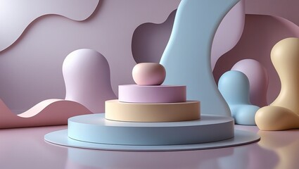 A circular podium with aesthetic shapes in soft pastel matte color, Monochromatic theme, set against an abstract background with pastel colors. Subtle reflections on floor, trendy image