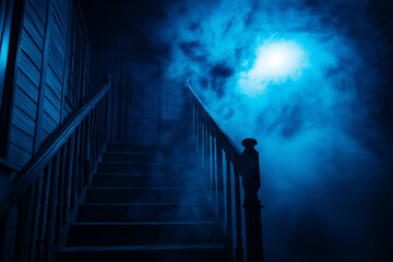 spooky haunted house with staircase shrouded in fog and illuminated by eerie blue light creates chilling atmosphere