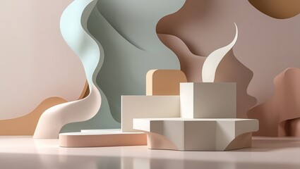 A circular podium with aesthetic shapes in soft pastel matte color, Monochromatic theme, set against an abstract background with pastel colors. Subtle reflections on floor, trendy image