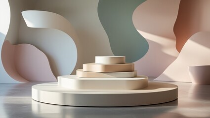 A circular podium with aesthetic shapes in soft pastel matte color, Monochromatic theme, set against an abstract background with pastel colors. Subtle reflections on floor, trendy image