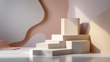 A circular podium with aesthetic shapes in soft pastel matte color, Monochromatic theme, set against an abstract background with pastel colors. Subtle reflections on floor, trendy image