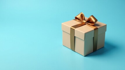 Obraz premium A Beige Gift Box with a Golden Ribbon Bow on a Light Blue Background