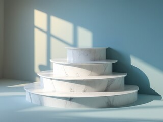 A sleek, three-tiered podium with smooth, rounded edges made of white marble, standing on a gradient background shifting from light gray to pastel blue. Soft lighting casts gentle shadows