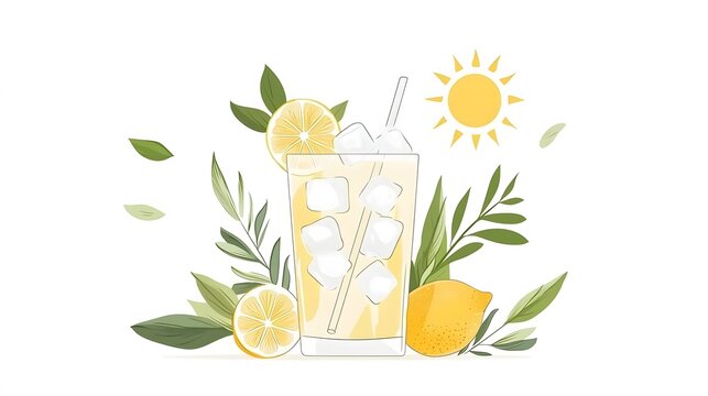 lemonade drink with ice, sun, and leaves clip art preview