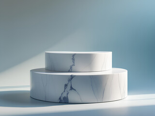 A sleek, three-tiered podium with smooth, rounded edges made of white marble, standing on a gradient background shifting from light gray to pastel blue. Soft lighting casts gentle shadows
