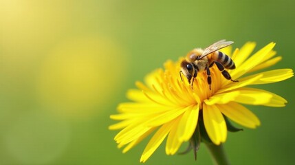 A honeybee diligently collecting pollen from a vibrant yellow flower in a sunlit meadow, showcasing the intricate details of nature's delicate ecosystem.