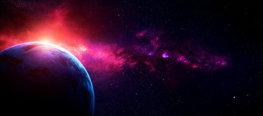 Obraz premium stunning view of planet in space, surrounded by vibrant cosmic colors and glowing galaxy. scene evokes sense of wonder and exploration