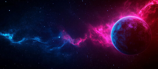 vibrant cosmic scene featuring glowing planet surrounded by colorful nebulae and stars, evoking sense of wonder and exploration