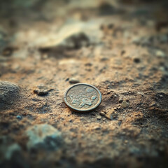 A weathered coin covered in dirt, lost to time, evoking thoughts of buried treasure, history, and forgotten wealth.  
