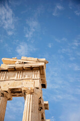 Close-up of Parthenon columns with intricate details against the sky