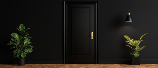 stylish black door on dark wall, complemented by green plants and warm lighting, creates modern and inviting atmosphere