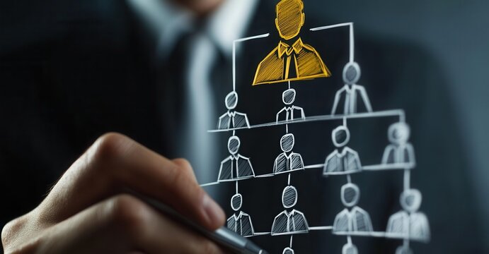 Hierarchical Chart Visualization: Man in suit touches a hand-drawn organizational chart, emphasizing the leadership role at the top.
