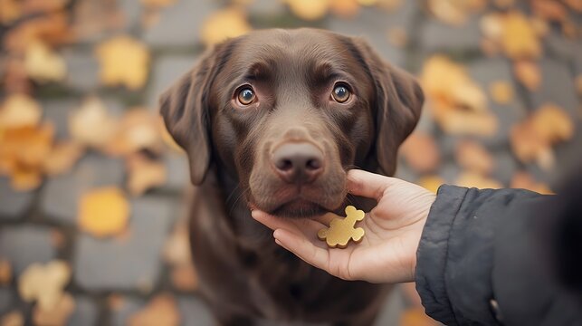 Chocolate Lab Receiving Treat Autumn Park