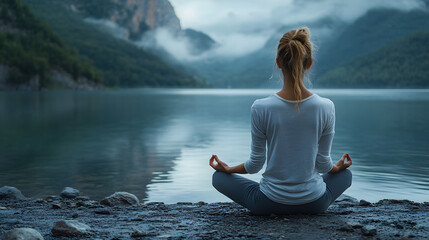 Woman meditating by a lake, calm atmosphere, mental health aware