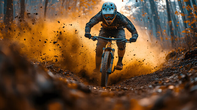 Mountain biker speeding down a rugged trail, dust flying, intens