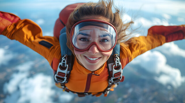 Adventurous woman skydiving, freefall moment, vast sky, adrenali