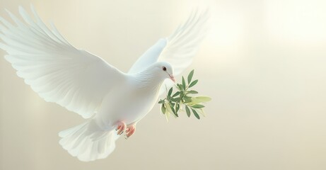 Obraz premium Graceful white dove in flight, wings spread wide against a soft backdrop, carrying a green olive branch. Symbol of peace and serenity.